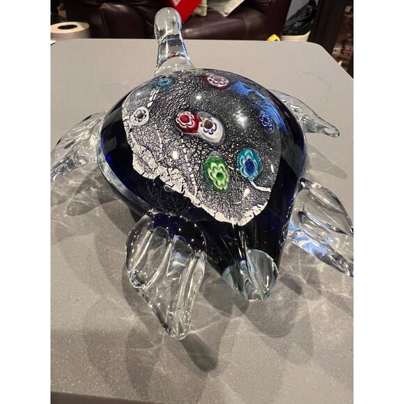 Sea Turtle Paperweight Cobalt Blue Glass With Multi Colored Designs Unmarked - Picture 9 of 10